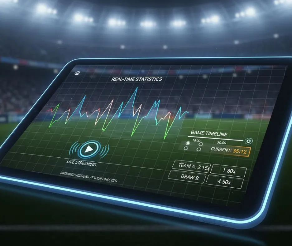 Um conjunto de ferramentas analíticas para apostas ao vivo na Mostbet, incluindo um gráfico de estatísticas em tempo real, um ícone de streaming de vídeo e uma linha do tempo do jogo, mostrando como a plataforma oferece recursos para decisões informadas.