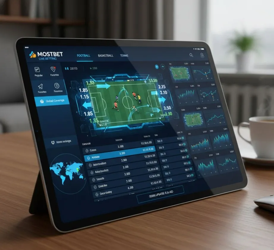 Representação da interface otimizada da Mostbet para apostas ao vivo, destacando a velocidade de atualização das odds, gráficos intuitivos e a ampla cobertura de eventos, simbolizando um ambiente ideal para o apostador em tempo real.